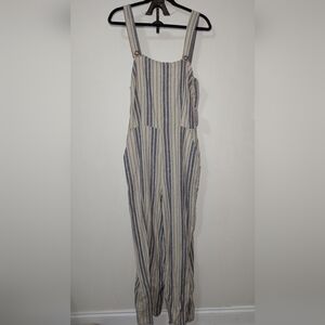 Gypsies & Moondust Linen Jumpsuit Cream Blue Overall Straps Wide Leg NEW Size L